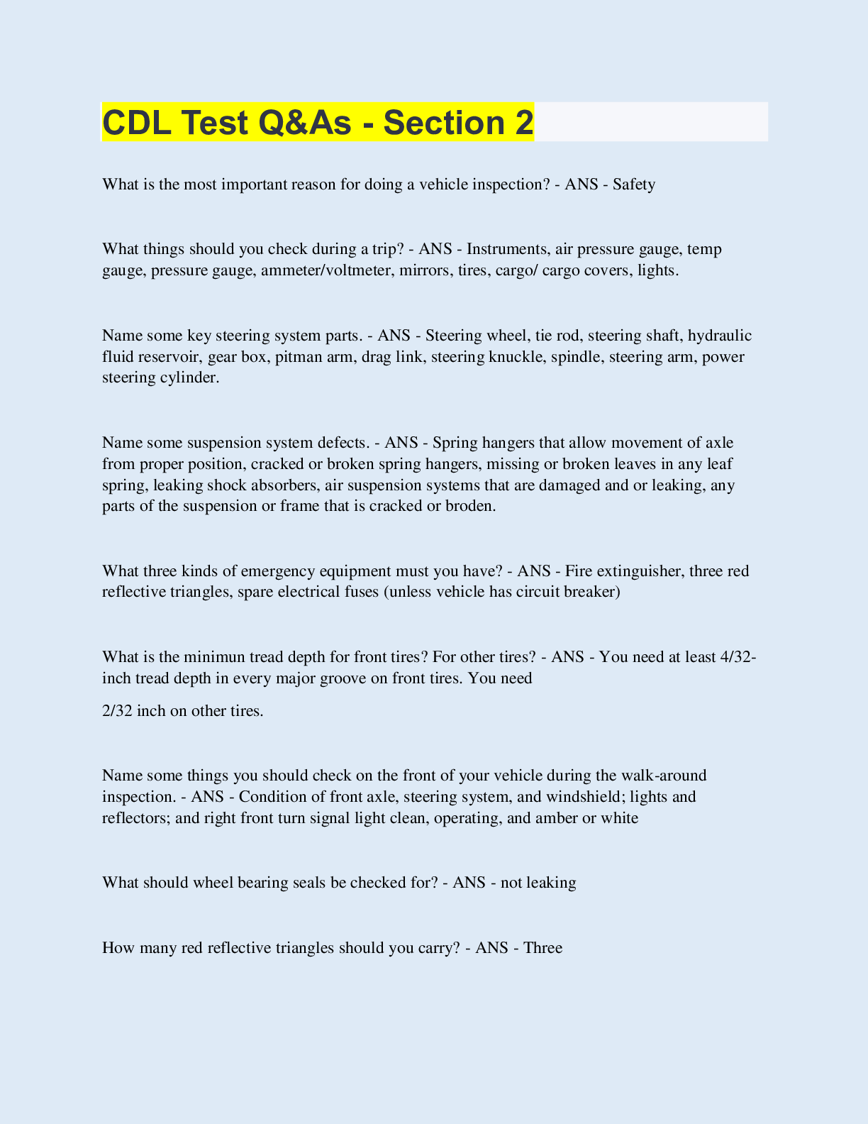 CDL Test Q&As - Section 2 | 70 Questions with 100% Correct Answers